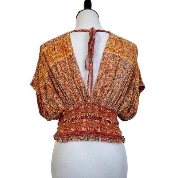 Free People Womens Next Vacation Top Smocked V-Neck Blouse Sz Small Multicolor - Picture 2 of 12